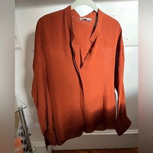 Vince Women’s Silk Shirt Rust/Copper/Red Silk Tunic Top Blouse V-neck